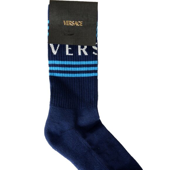 Versace Dark Blue & White Logo Print Athletic Socks sz L - Picture 1 of 2